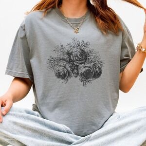 Black Ink Rose Bouquet Graphic Tee Elegant Botanical Design